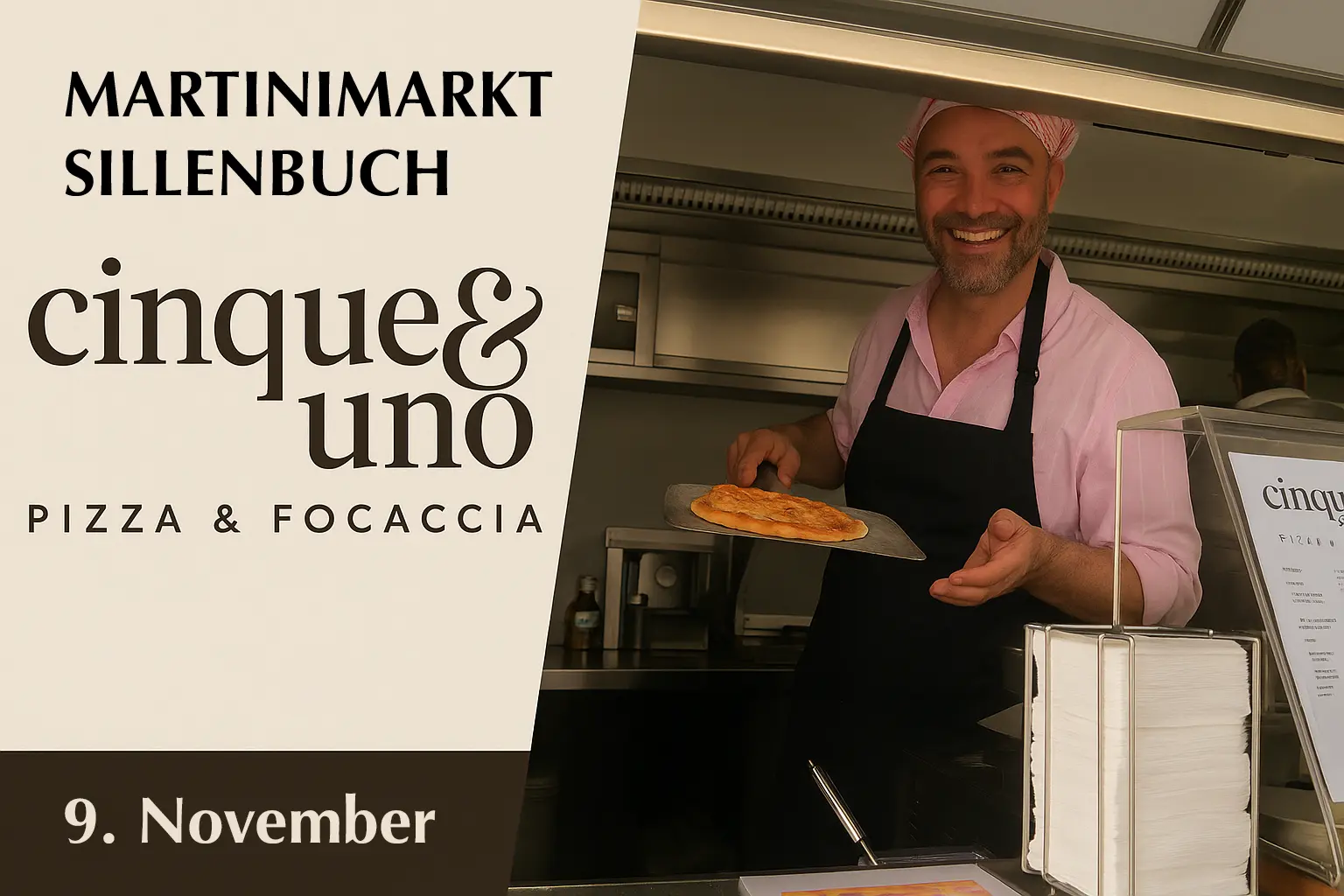 Gunther Rall im Cinque-e-Uno-Foodtruck serviert frisch gebackene Pizza beim Martinimarkt Sillenbuch in Stuttgart.